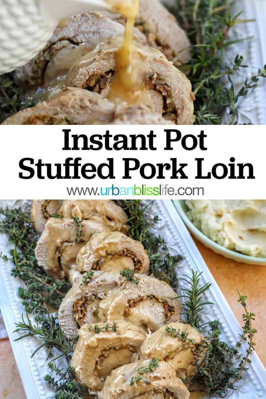 sliced stuffed pork loin on a white plate with a bed of herbs with title text overlay.