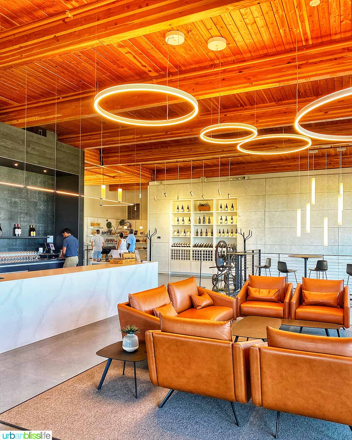 large leather couches and bar area with round light fixtures and wood beams inside Valdemar Estates