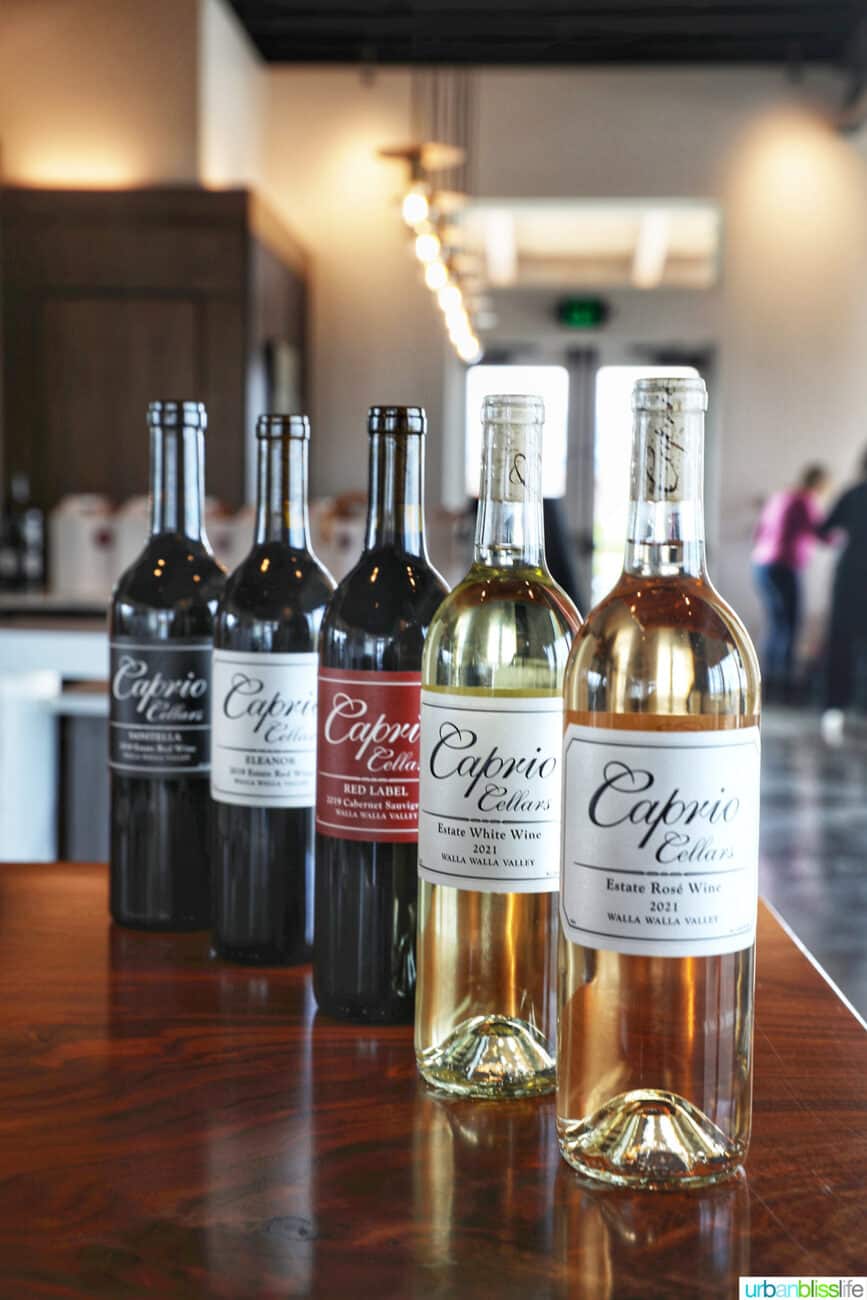 Caprio Cellars wine bottles lined up next to each other on the tasting room bar.