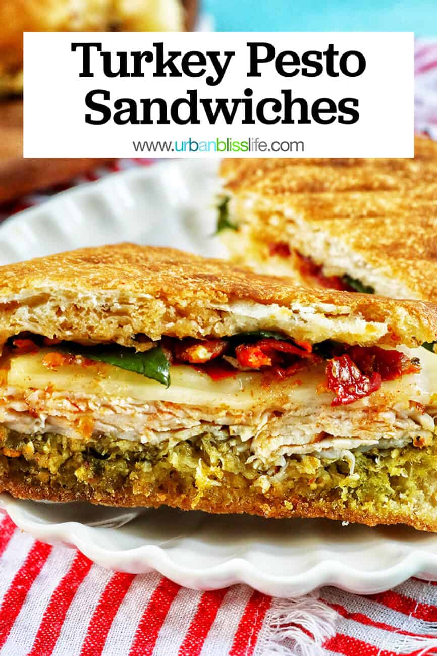 turkey pesto sandwich and sliders with title text overlay.