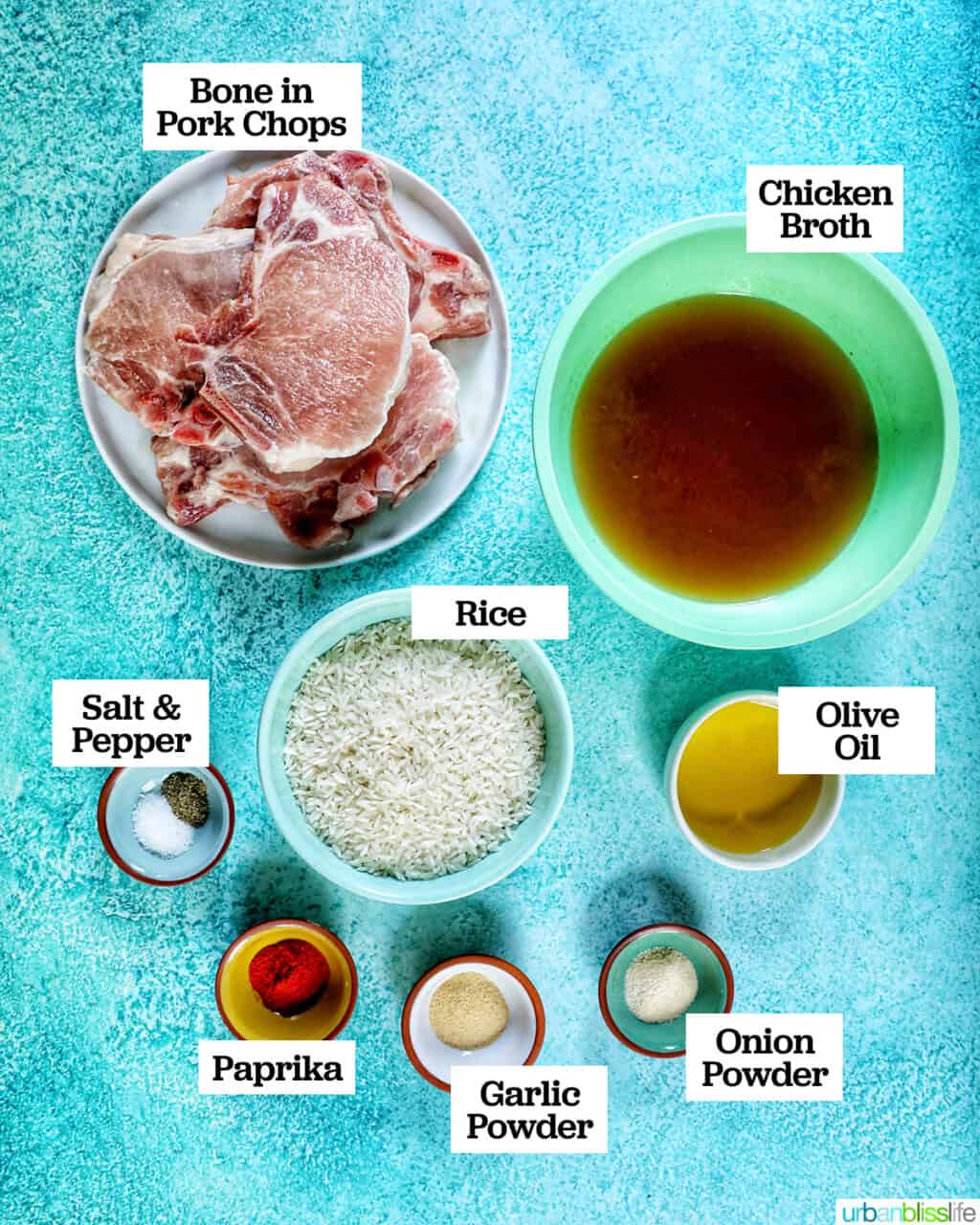 bowls of individual ingredients to make instant pot pork chops and rice on a bright blue background.
