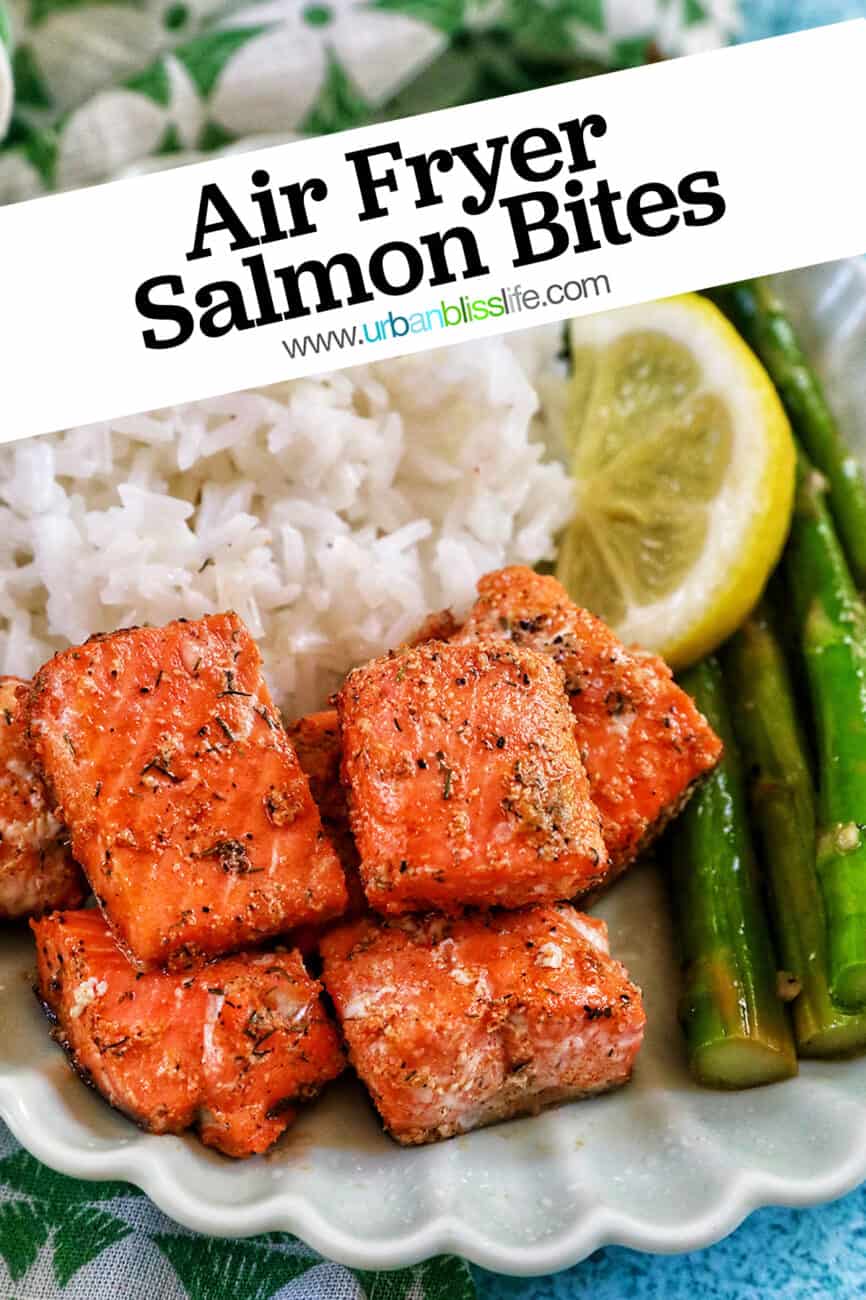 air fryer salmon bites with white rice, asparagus, and lemon slice with title text overlay.