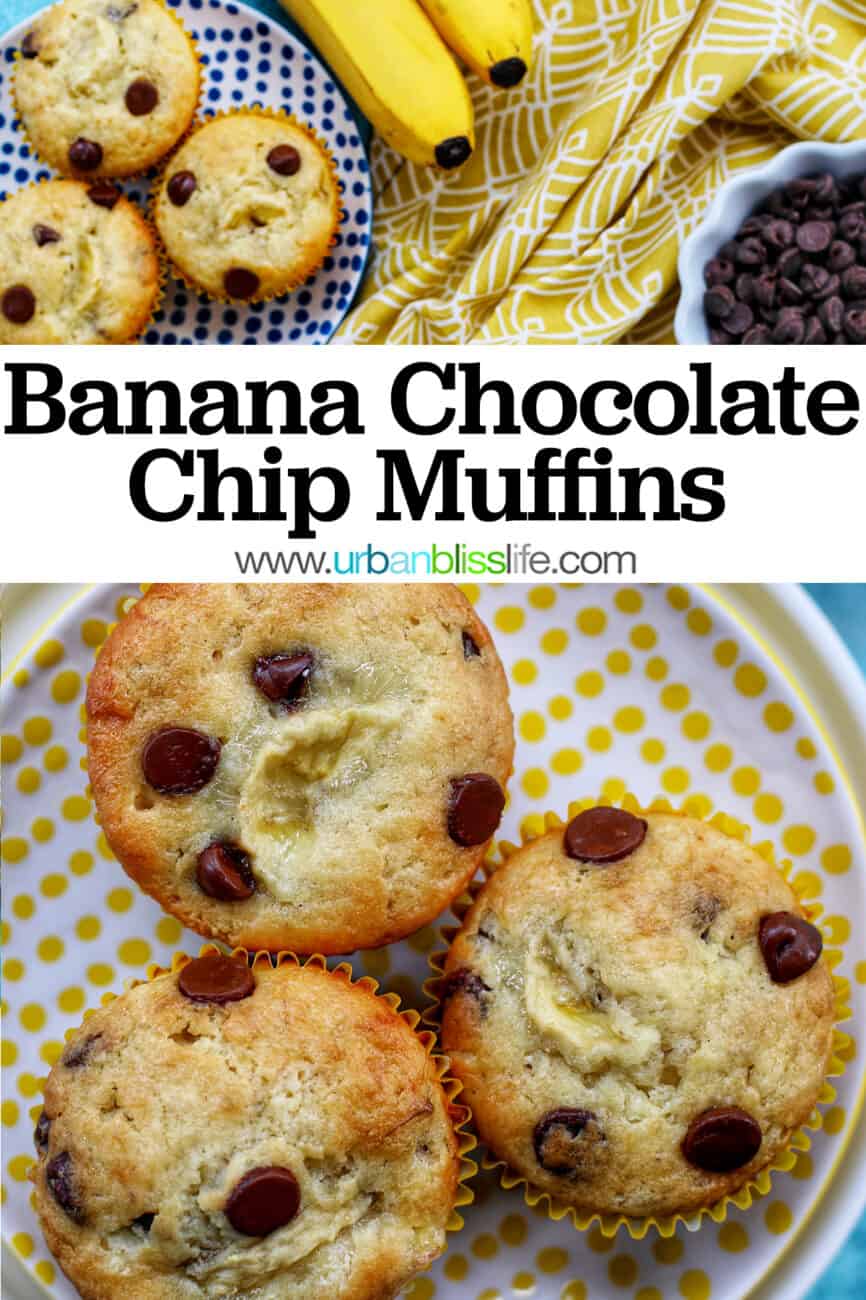 three banana chocolate chip muffins with title text overlay.