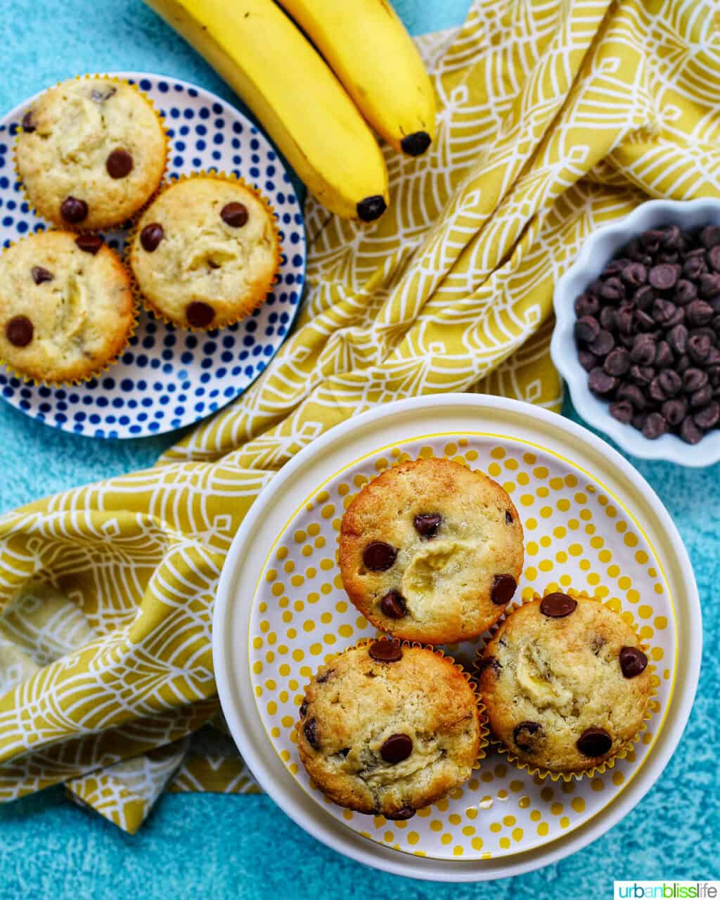 6 banana chocolate chip muffins on two polka dot plates with bananas and chocolate chips on the side.