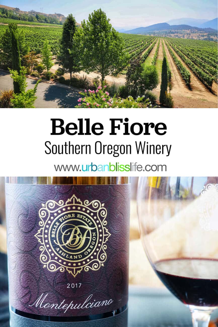 belle fiore vineyards, title text overlay, and bottle and glass of red wine.