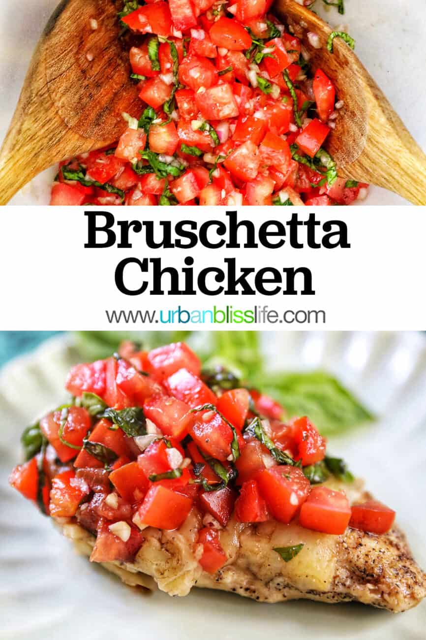 single bruschetta chicken on a white plate with basil leaves in the background and title text overlay.
