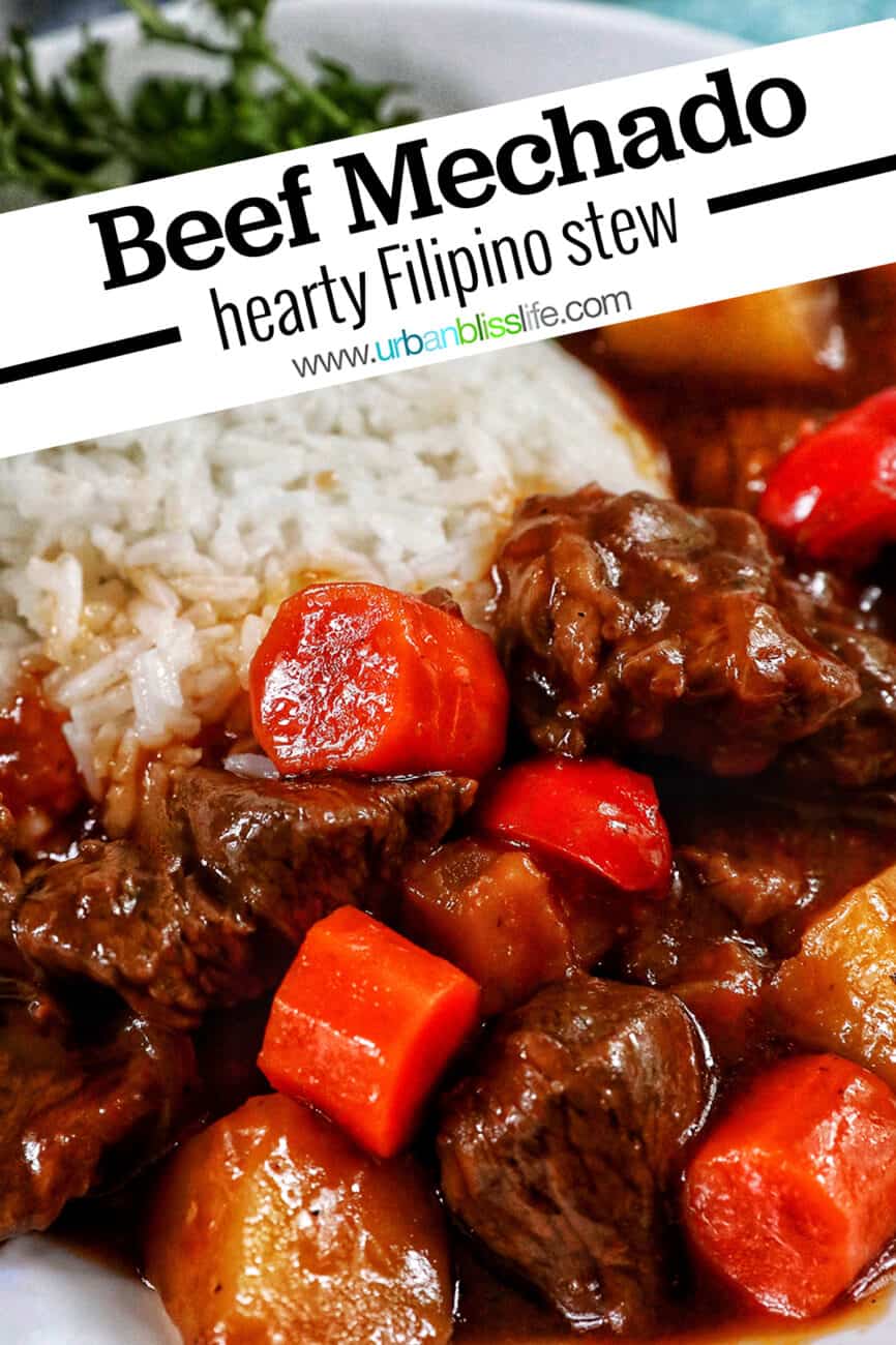 bowl of Filipino beef mechado with white rice and parsley with title text.