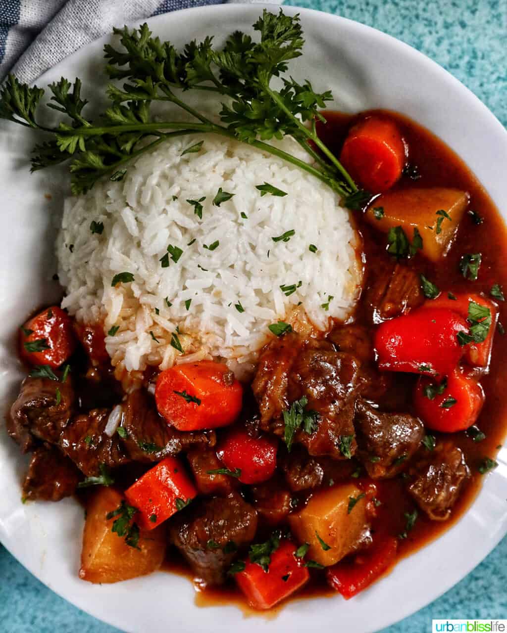 bowl of Filipino beef mechado with white rice and parsley.