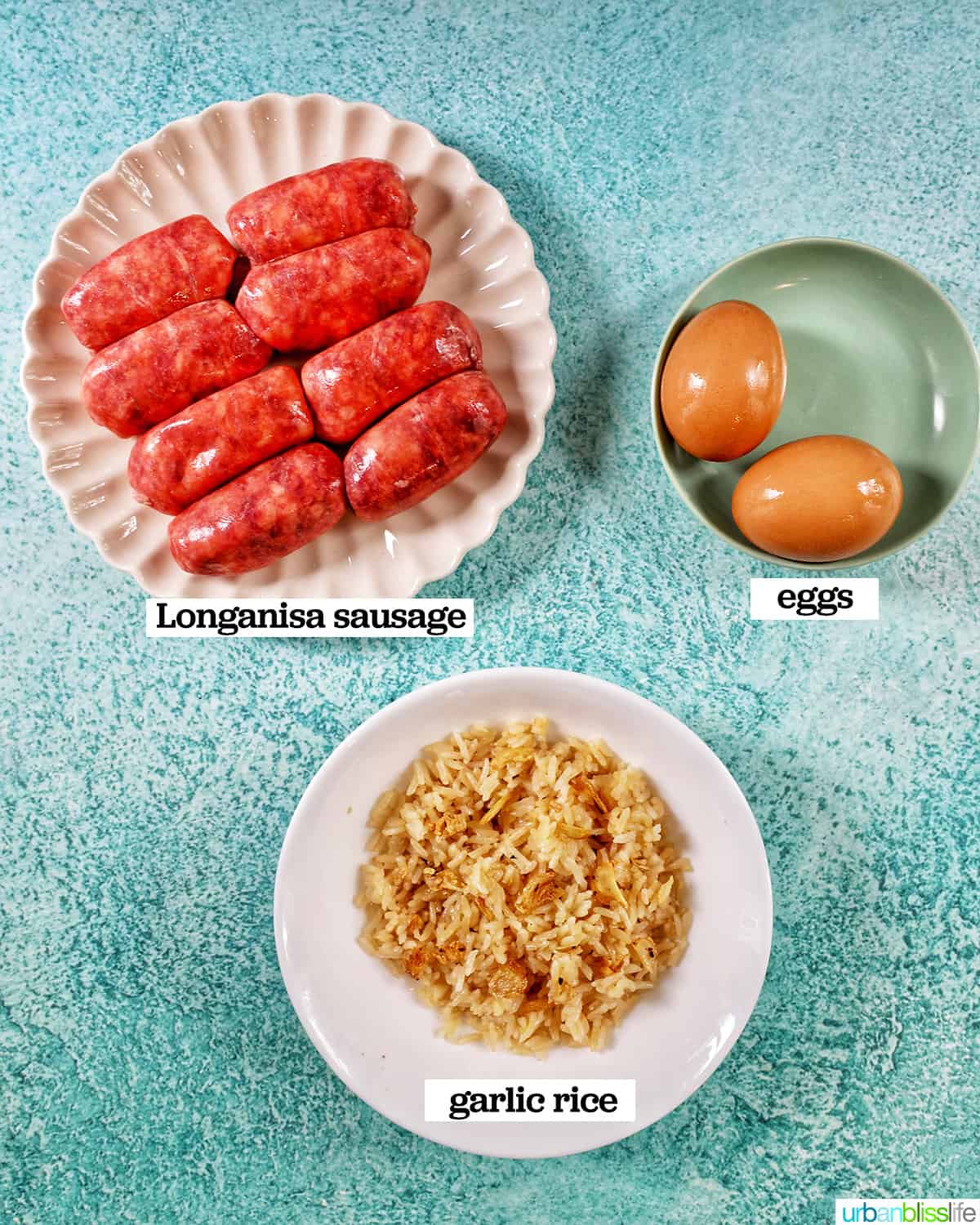 longanisa, eggs, and garlic rice to make longsilog filipino breakfast.