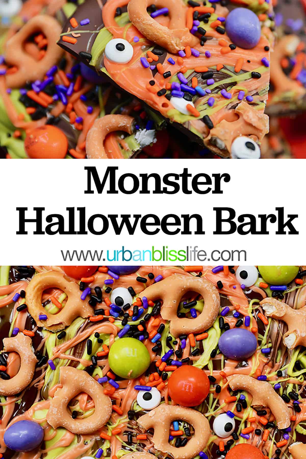 Monster Halloween bark with text overlay