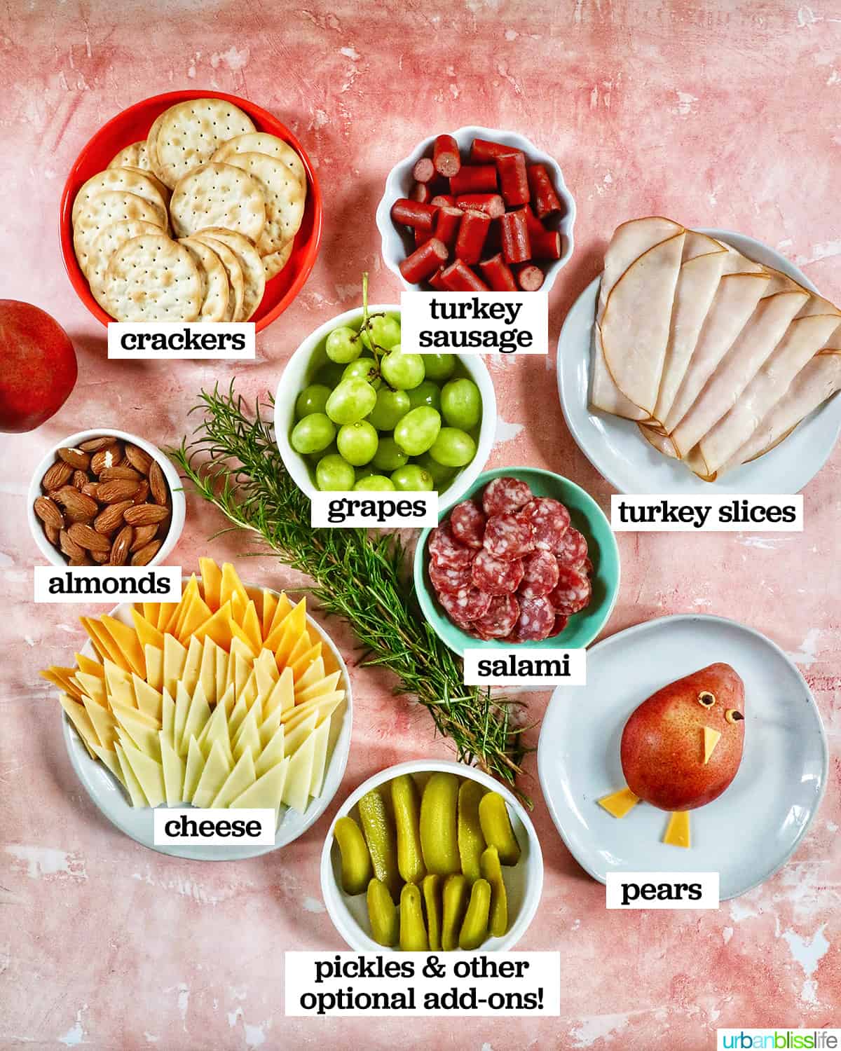 bowls of cheese, meats, fruits to make a turkey charcuterie board.