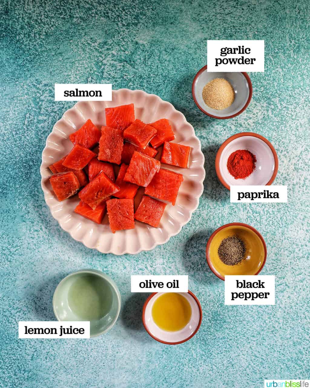 bowls of ingredients to make air fryer salmon bites.