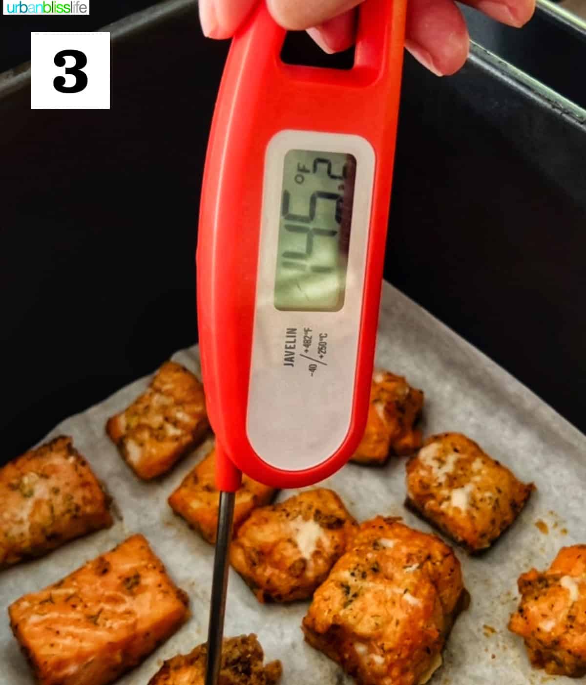 meat thermometer reading 145 degrees going into air fryer salmon bites.