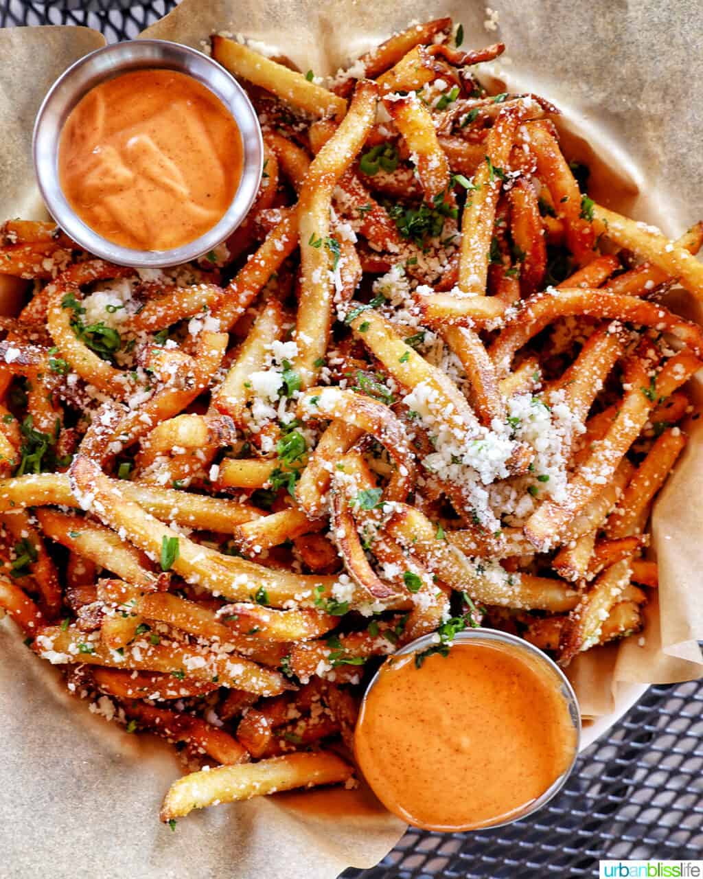 huge bowl of truffle garlic fries with dip.