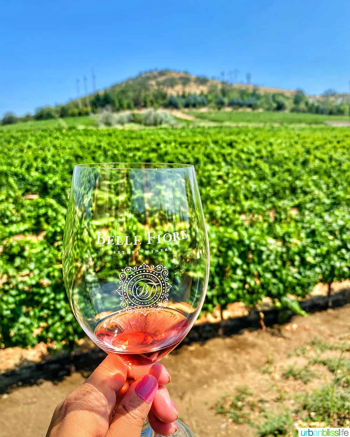 hand holding a glass of rosé wine with Belle Fiore Winery vineyards in the background.