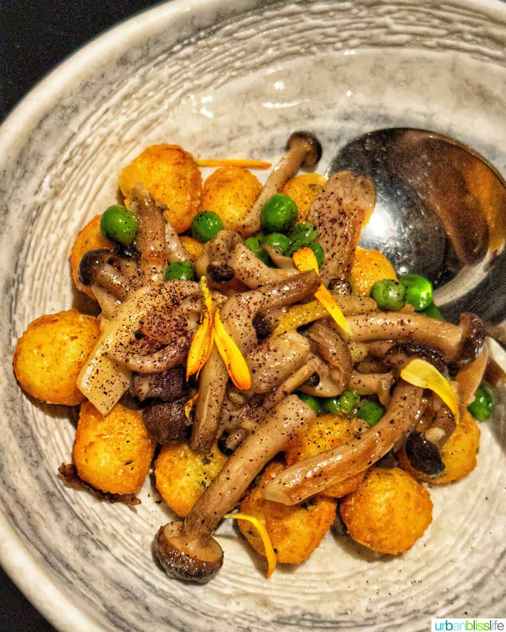 mushrooms, gnocchi, and peas on plate with a spoon.