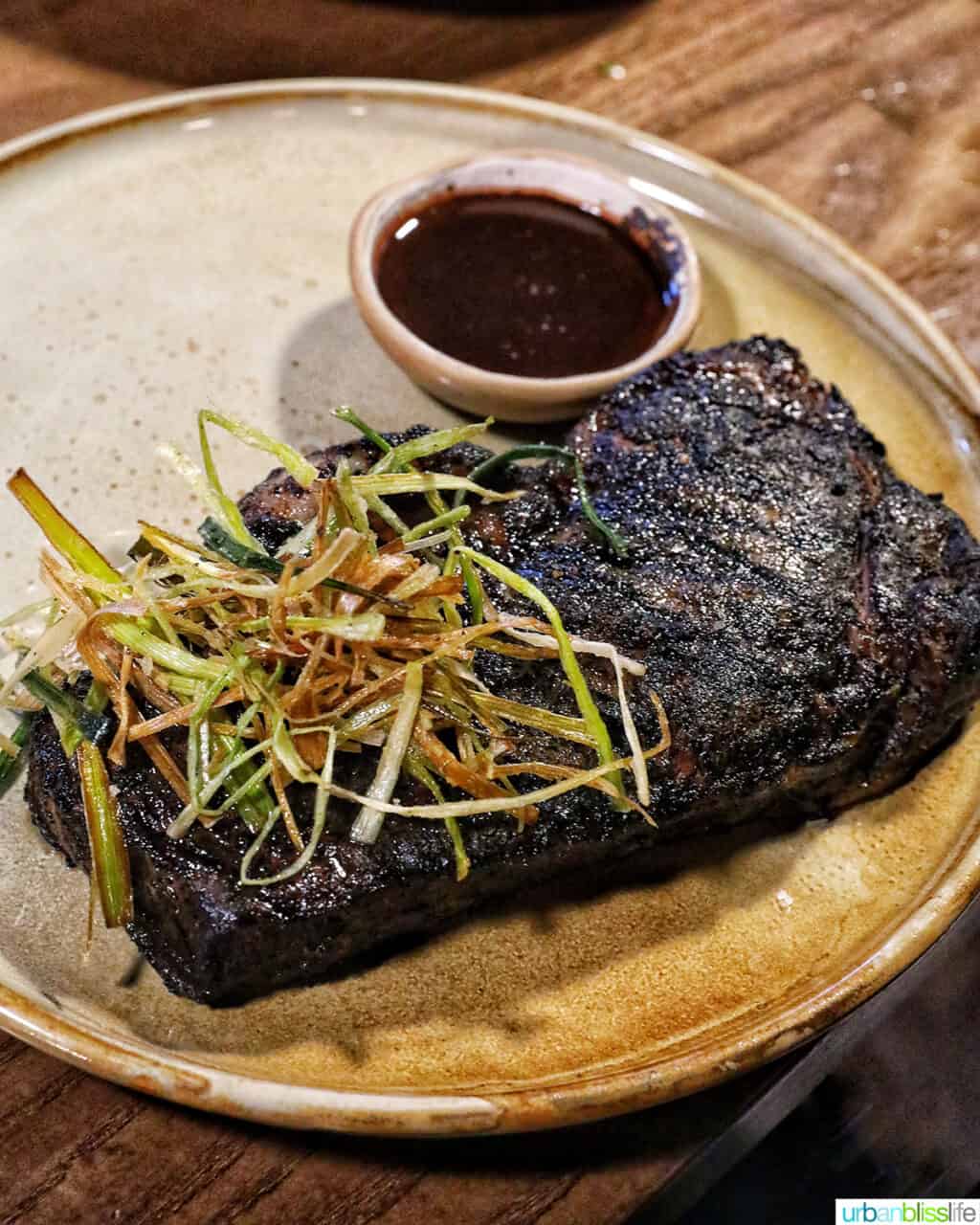 coffee rubbed steak topped with crispy leeks and side of jus on a plate.