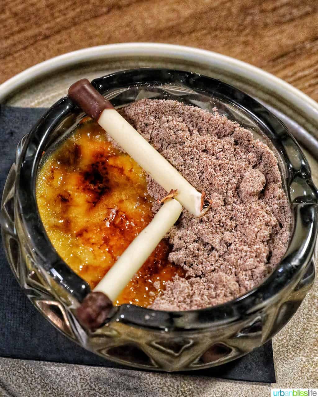 creme brulee made to look like an ash tray at Brazen Banff restaurant.