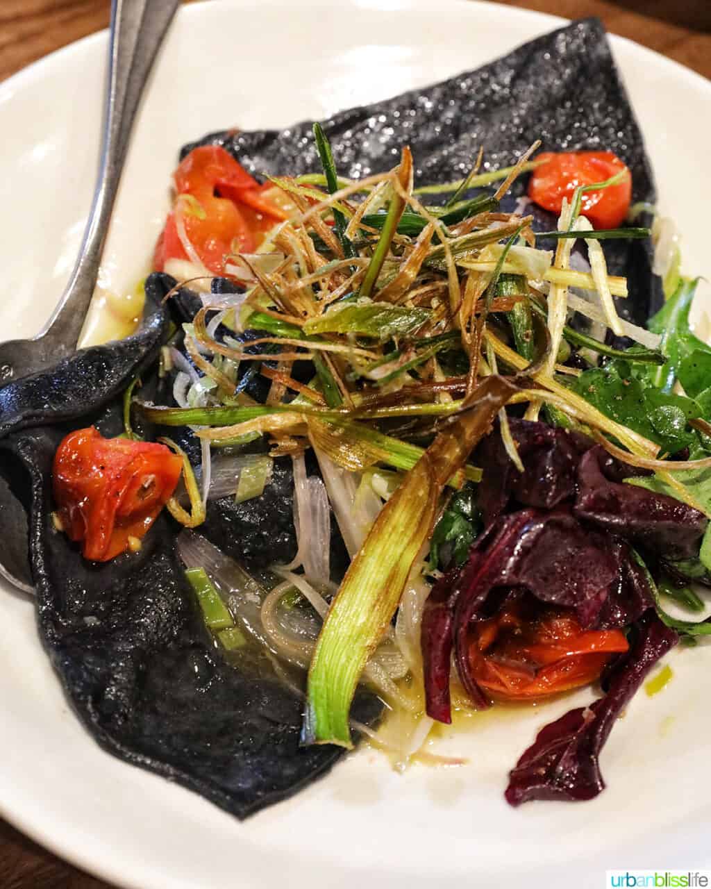 mushroom ravioli with tomatoes and leeks on a white plate with spoon.