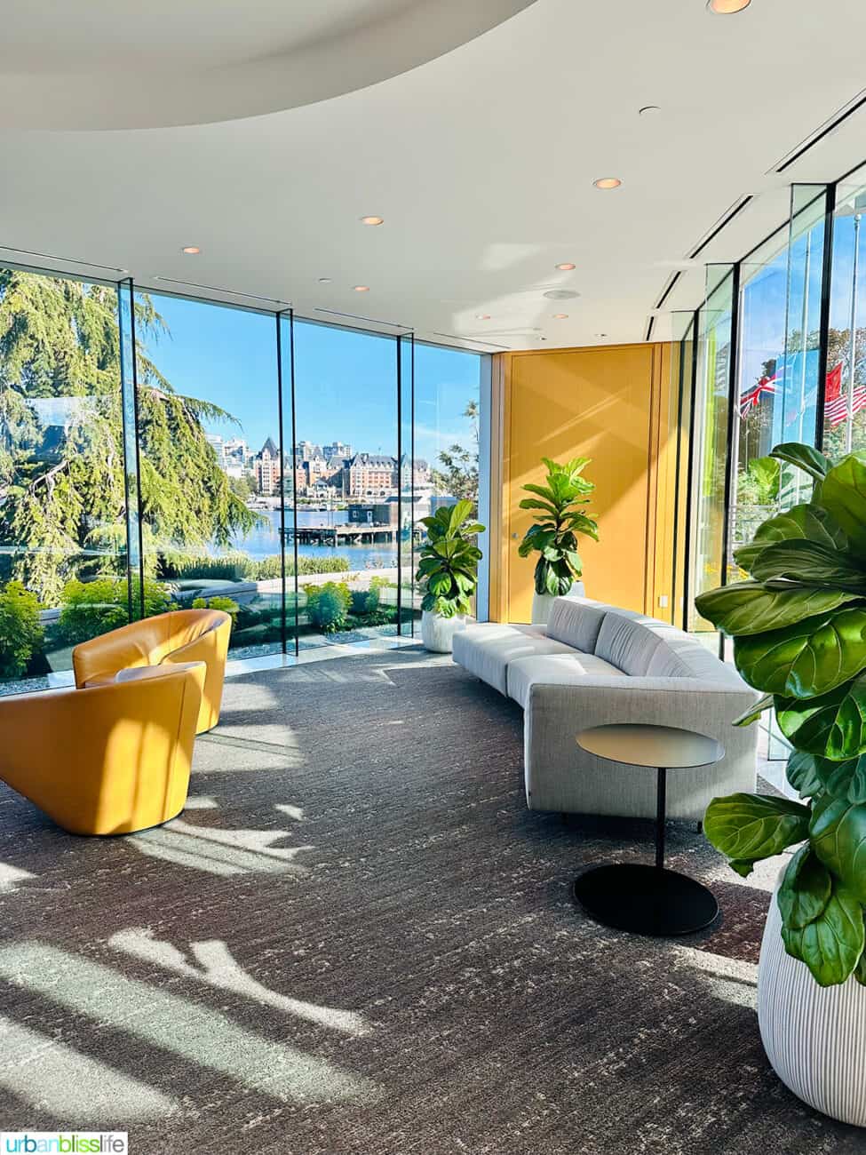 colorful lobby of the Inn at Laurel Point hotel in Victoria BC Canada.