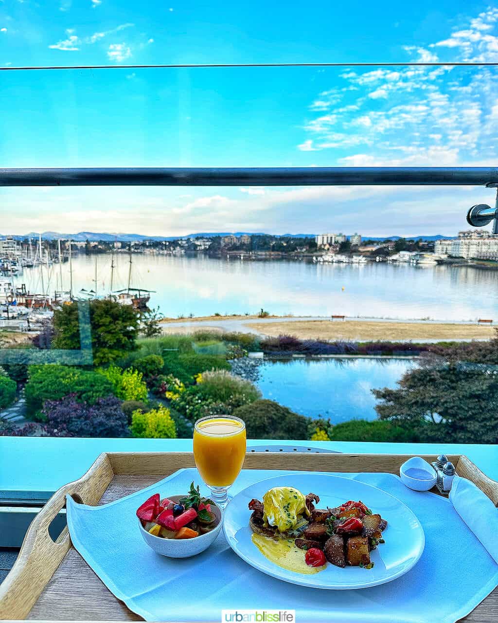 breakfast room service with a view at the Inn at Laurel Point hotel.