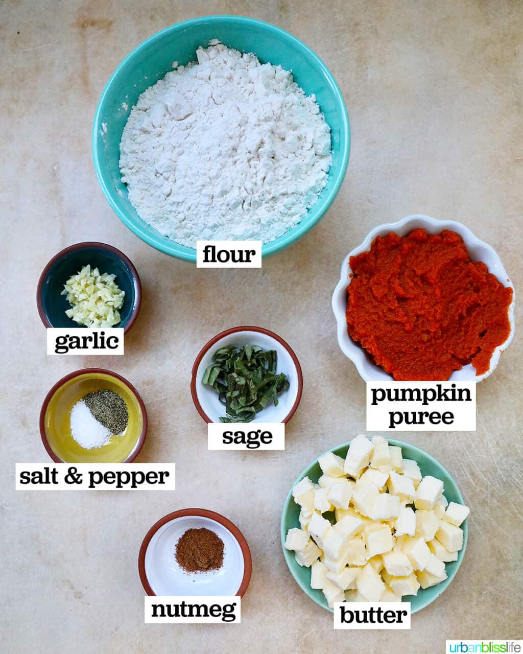bowls of ingredients to make pumpkin gnocchi with ingredient labels.
