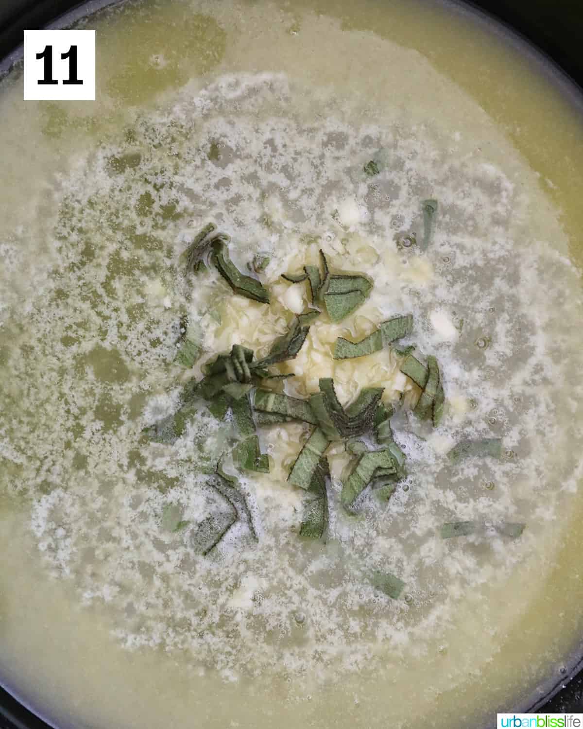 butter garlic sage sauce cooking in a pan.