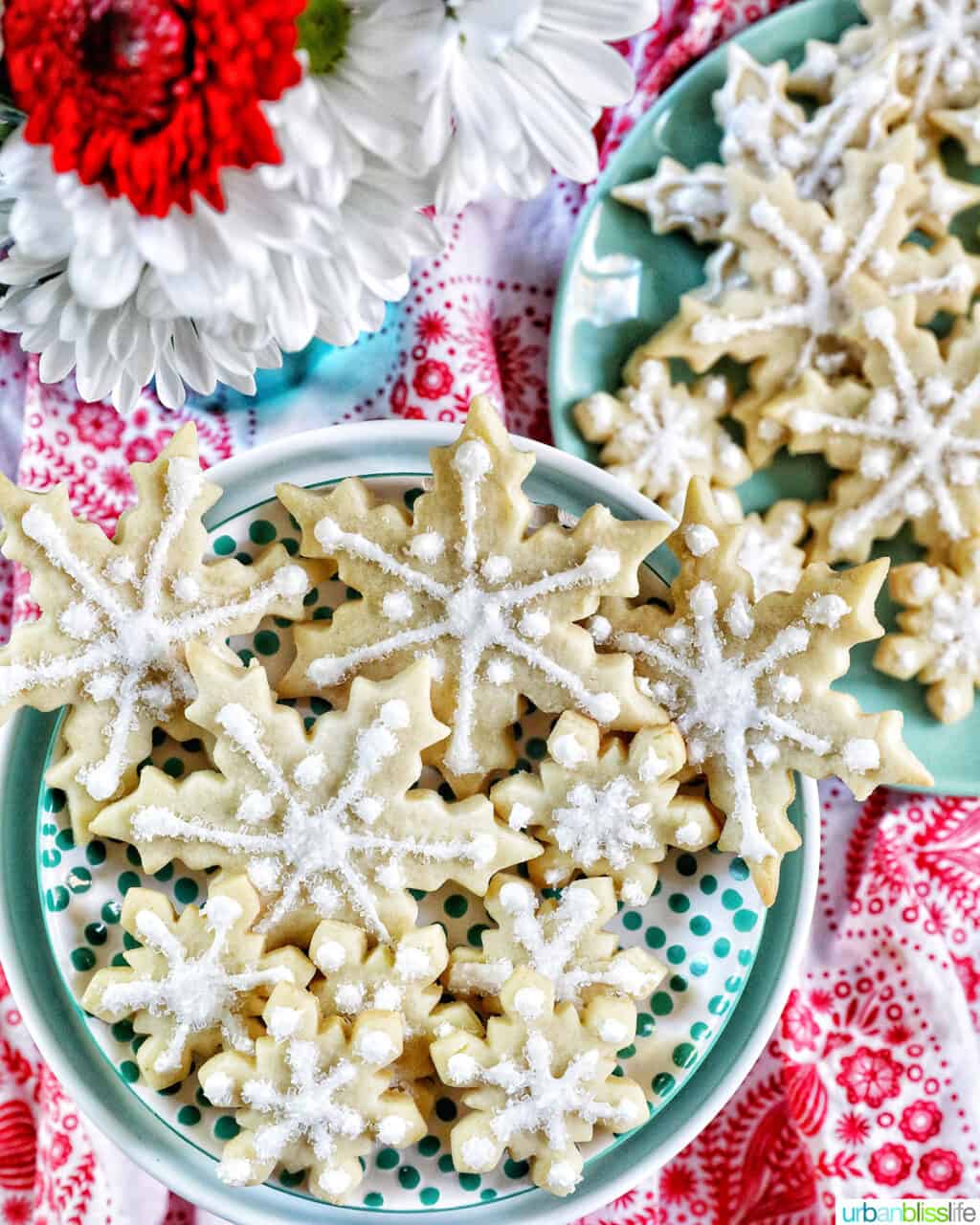 plates filled with snowflake cookies decorated with royal icing.