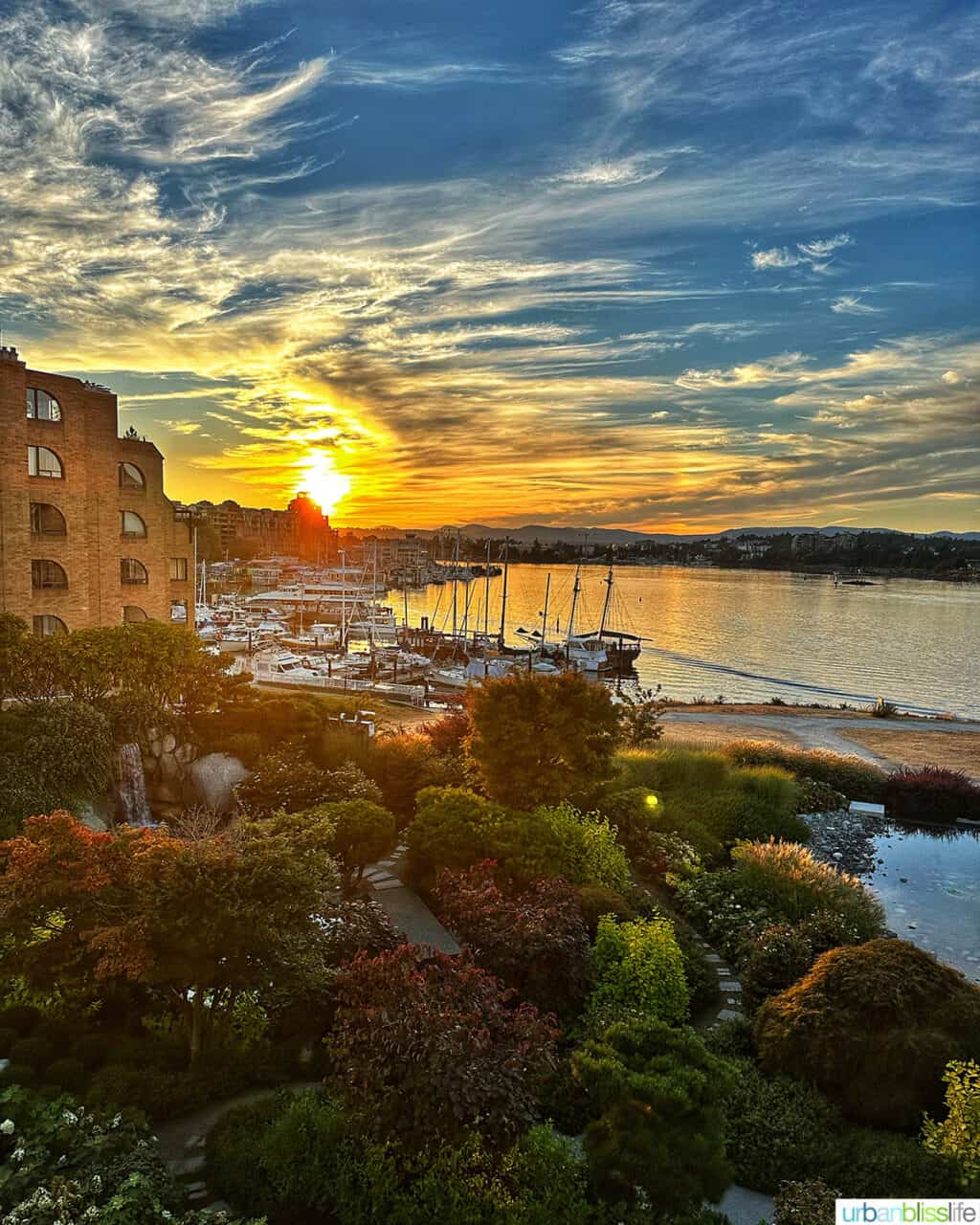 sunset view of Victoria Harbour from a room at the Inn at Laurel Point