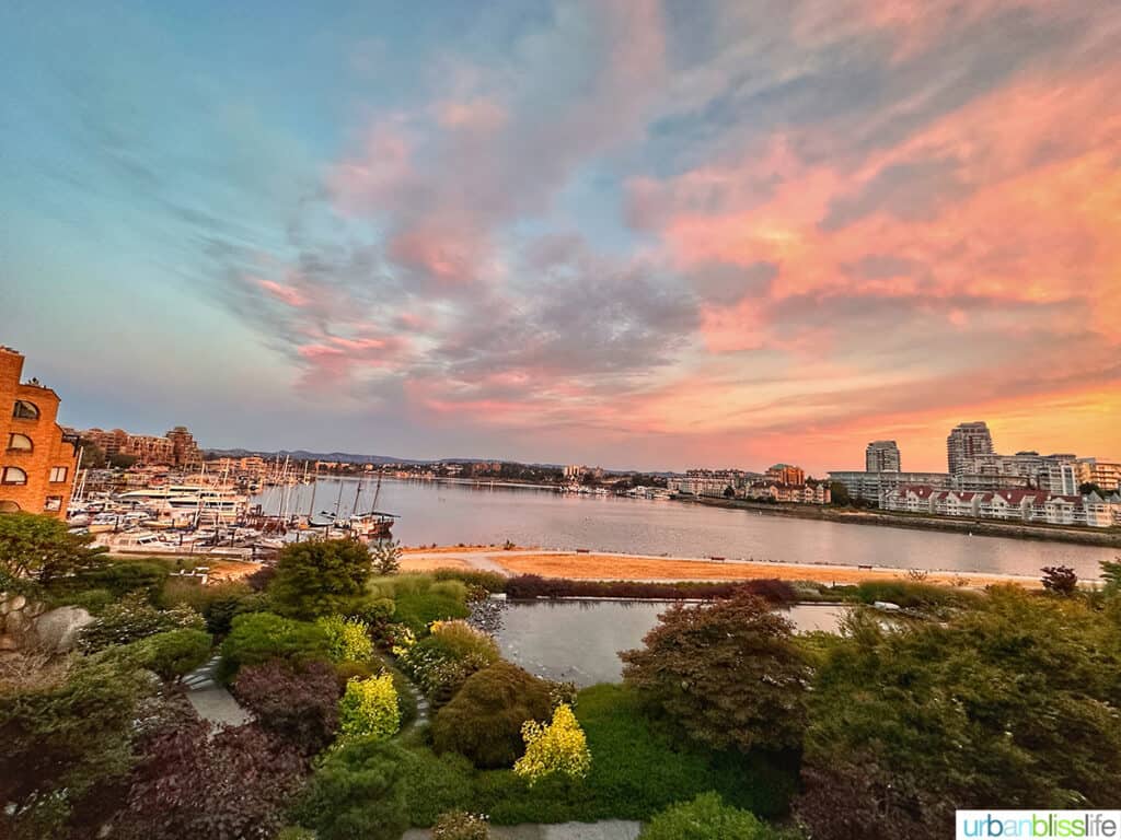 sunrise view of Victoria Harbour from a room at the Inn at Laurel Point.