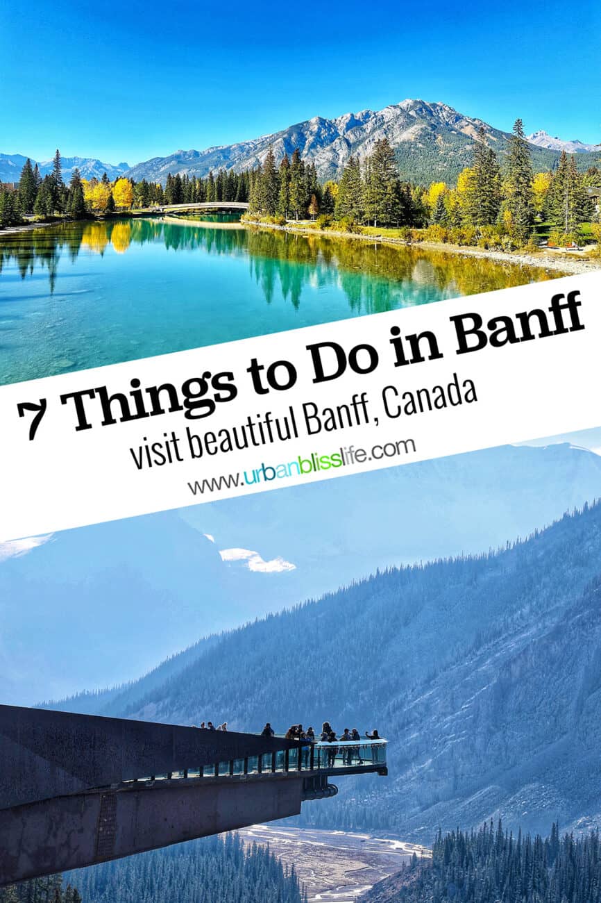 bow river trail with mountains, title text overlay for things to do in Banff, mountains and Icefield Skywalk.