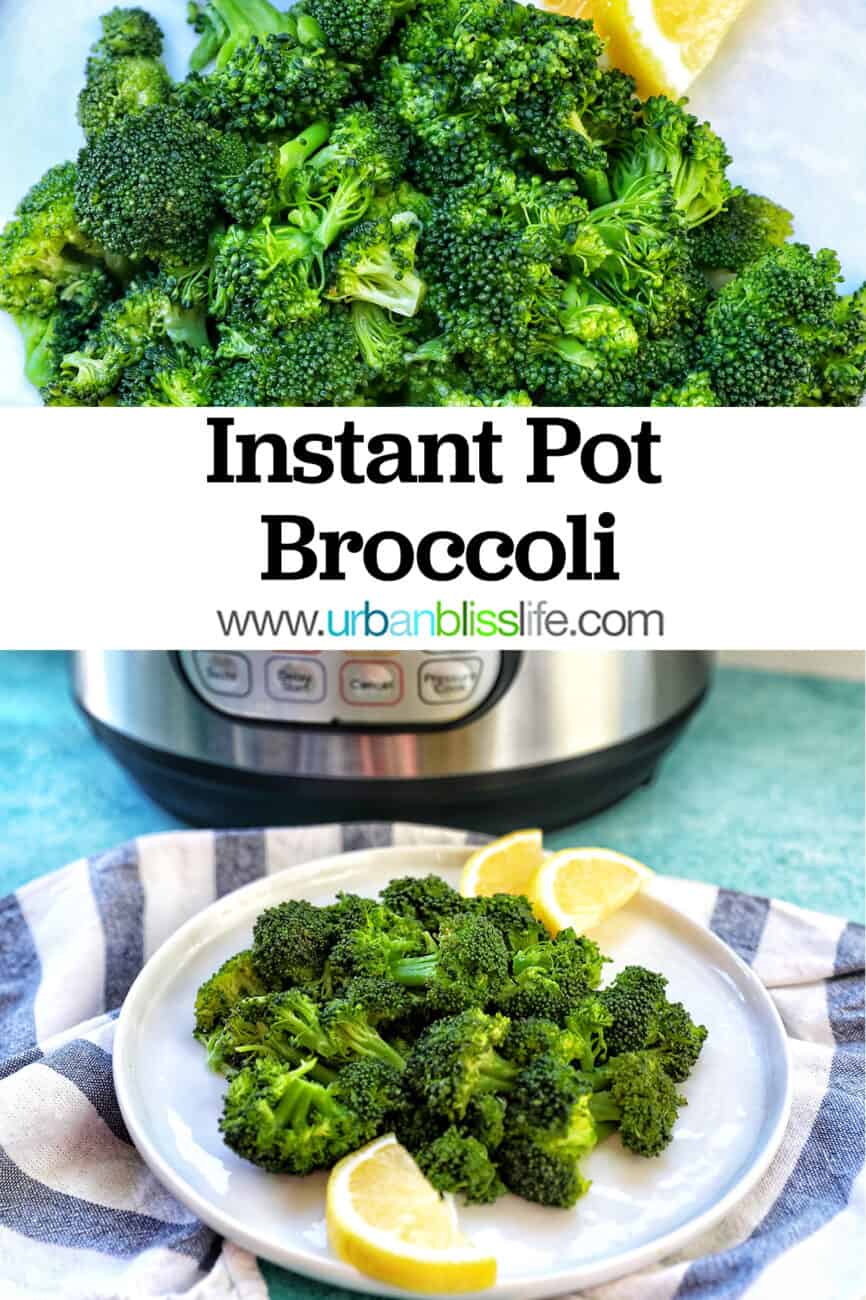 pressure cooked broccoli in a plate with lemon wedges.