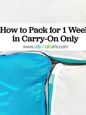 how to pack for a week in a carry on text overlay on photos of luggage and packing cubes.