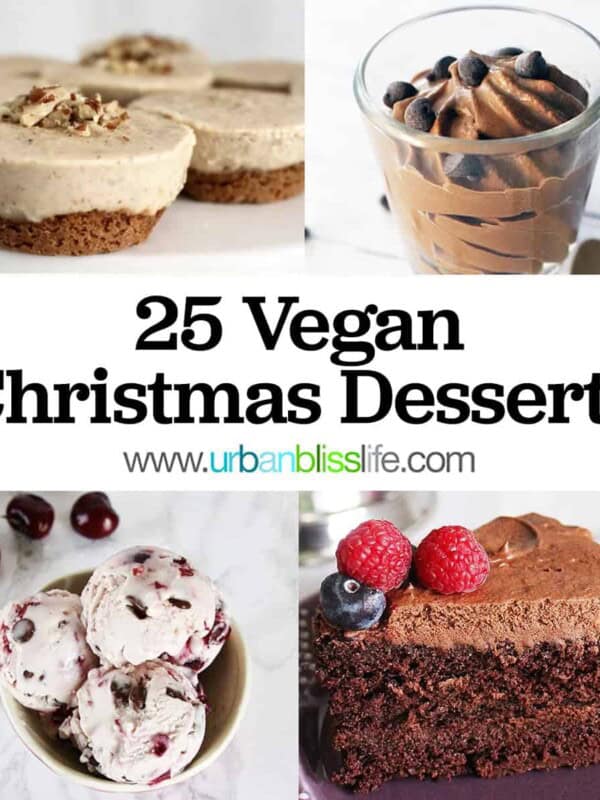 collage of vegan cheesecake bites, vegan chocolate mousse, vegan ice cream, and vegan chocolate cake with title text overlay.