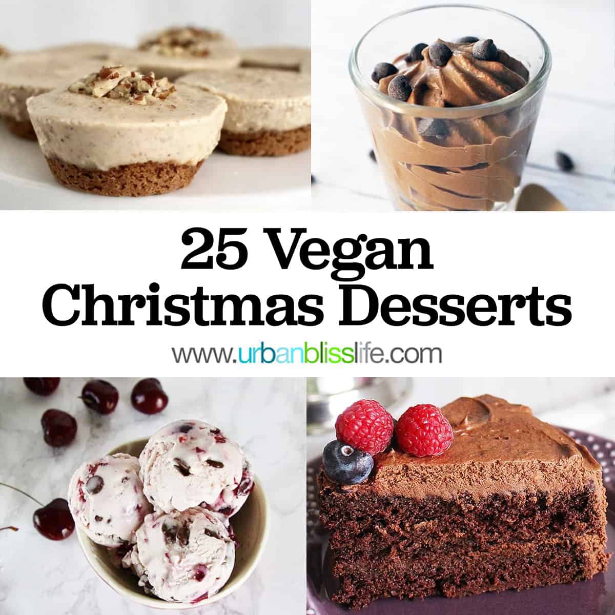 collage of vegan cheesecake bites, vegan chocolate mousse, vegan ice cream, and vegan chocolate cake with title text overlay.
