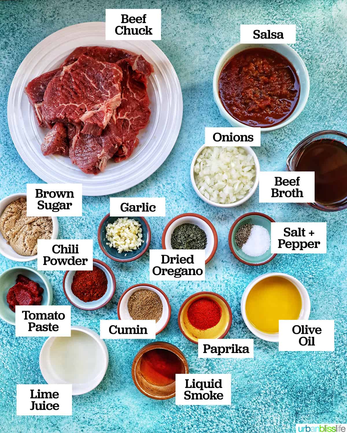 several bowls of individual ingredients to make instant pot mexican shredded beef.