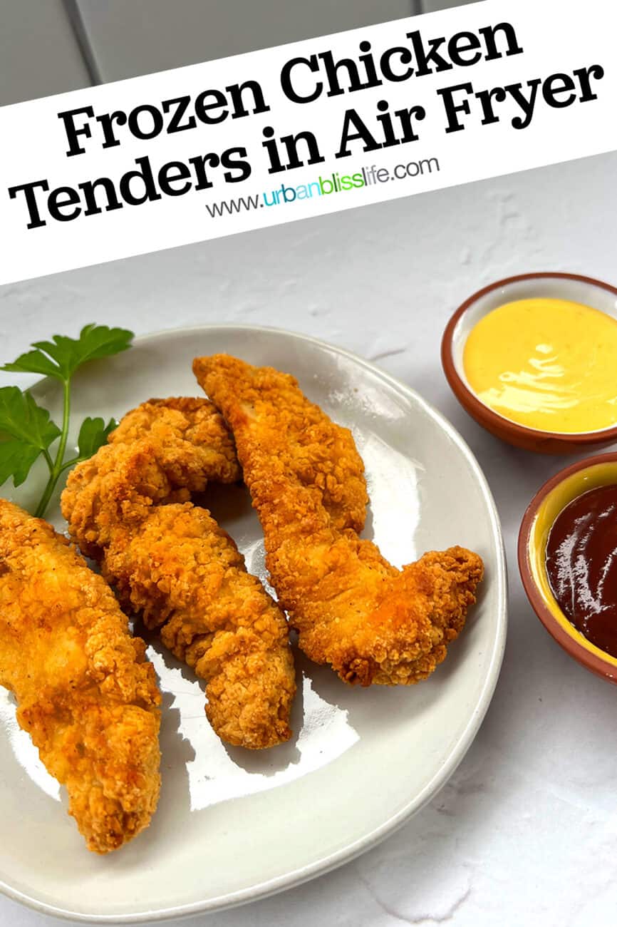 air fryer chicken tenders on plate with sauces and text overlay