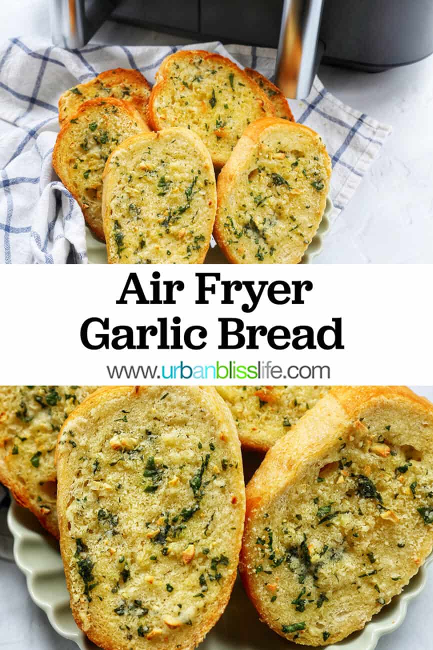 plate full of sliced garlic bread with kitchen towel with title text overlay.