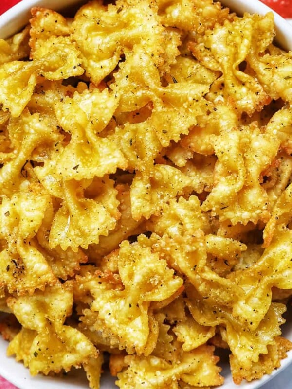 bowl of Air Fryer Pasta Chips in a white bowl.