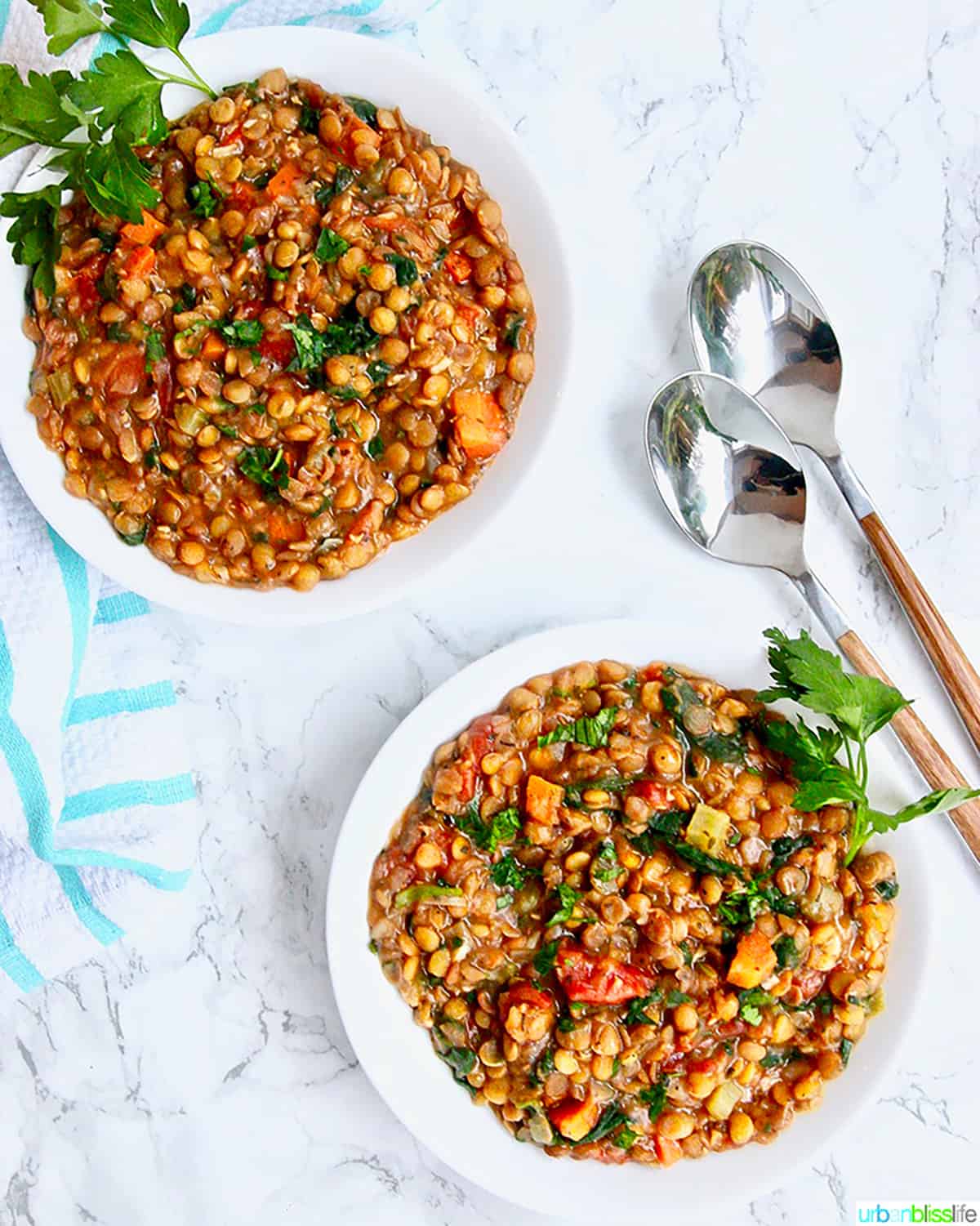 two bowls of Instant Pot Lentil Soup with two spoons on a marble table.