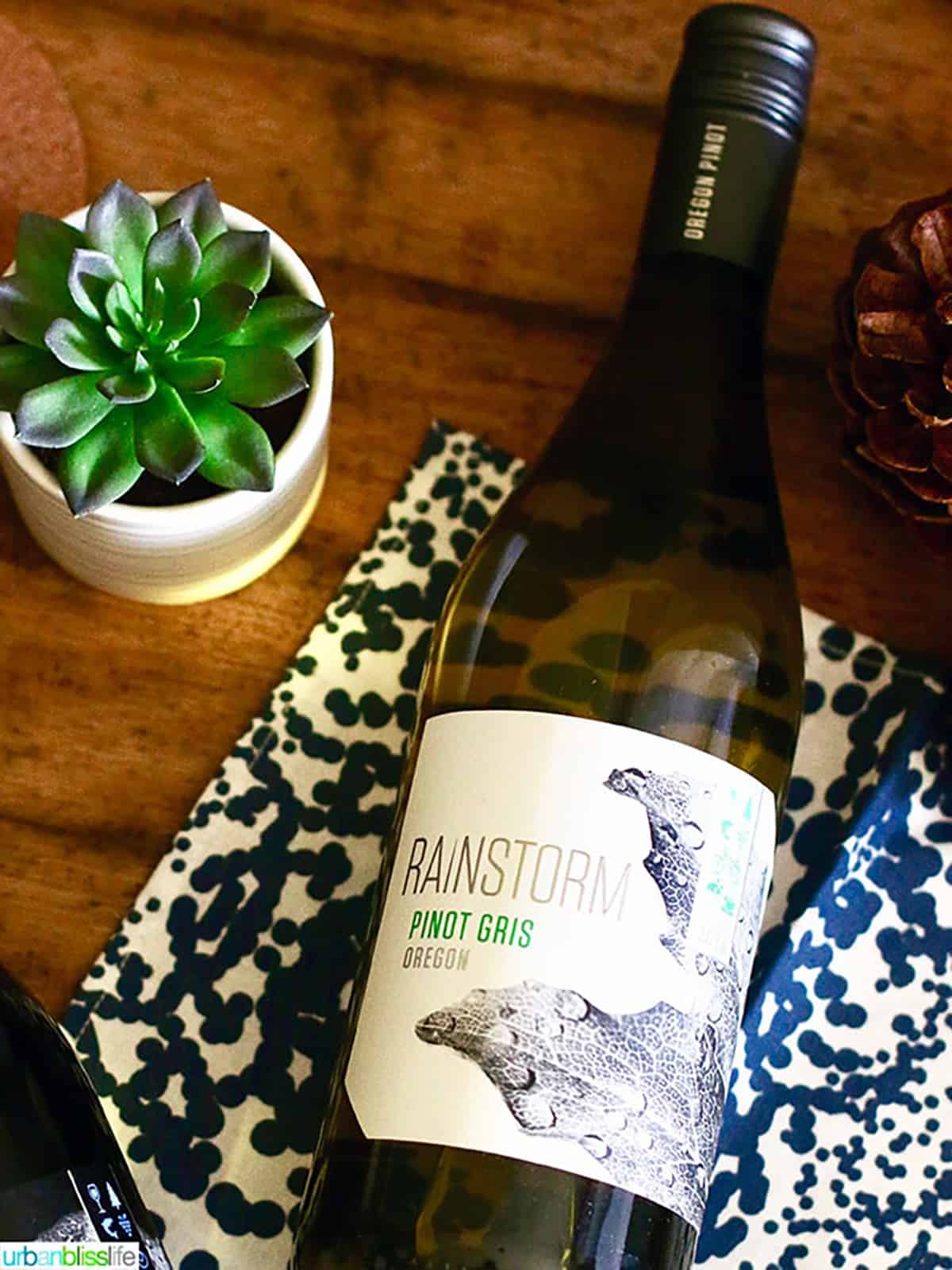 bottle of Rainstorm Wines Pinot Gris wine on a wood table with plant by its side.