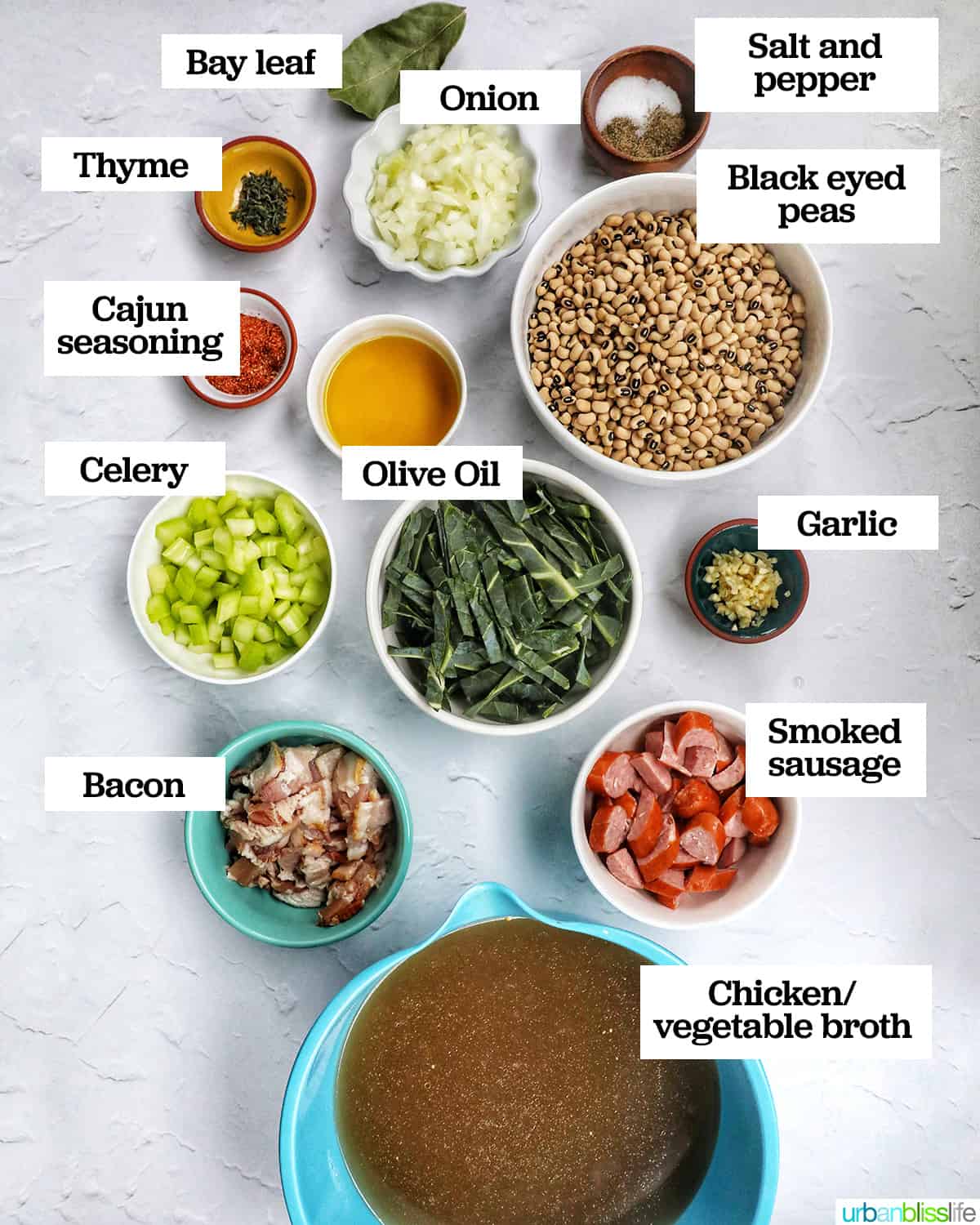 bowls of ingredients to make Instant Pot Black Eyed Peas.