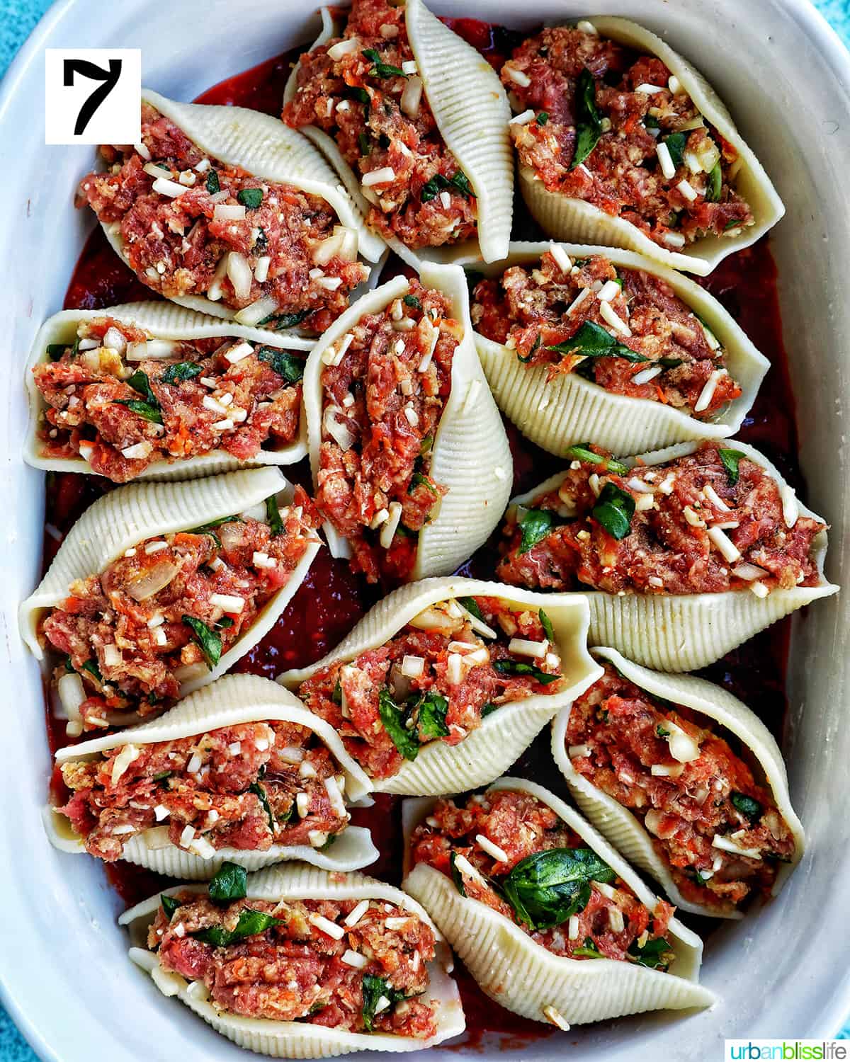 stuffed shells with ground beef uncooked and ready to bake.