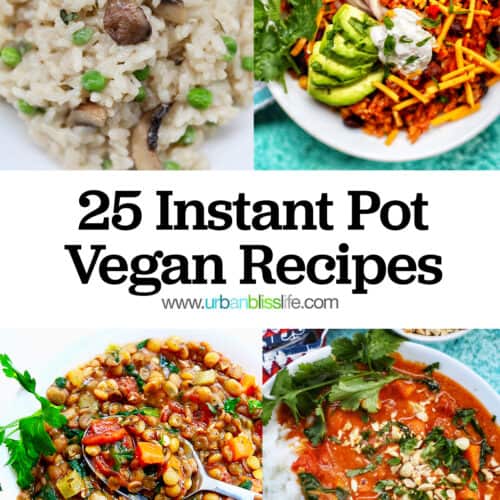 four photos of Instant Pot Vegan Recipes including soups, risotto, burrito bowl, and stew, with title text overlay.
