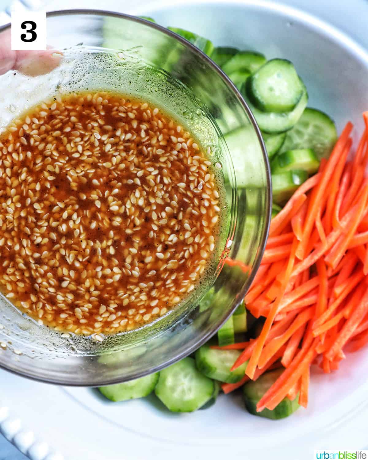 bowl of sauce over bowl of carrots and cucumbers.
