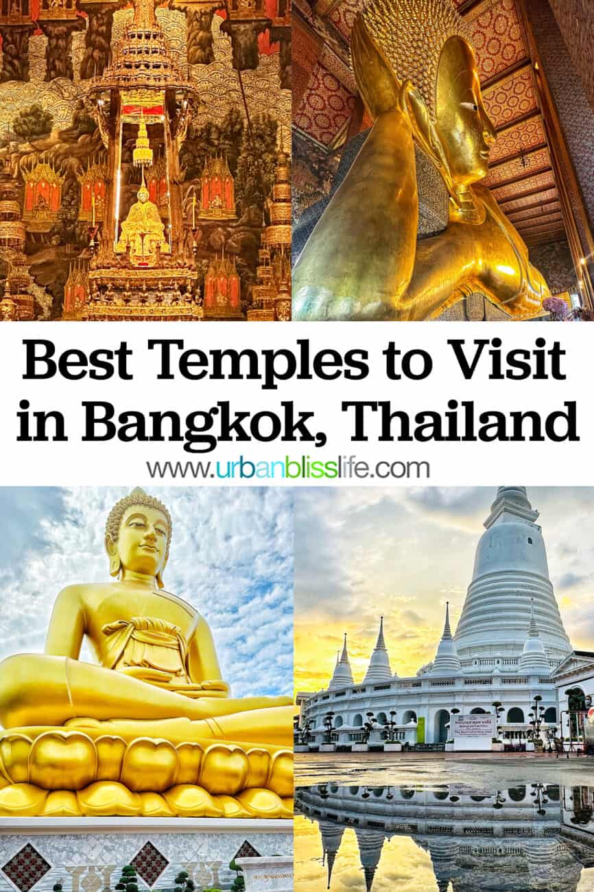 images of four different temples in Bangkok, Thailand with title text overlay.