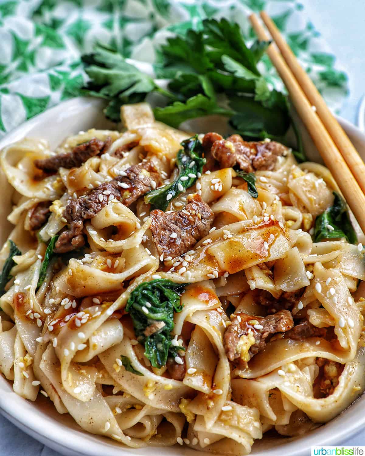 bowl of beef pad see ew noodles, bok choy, chopsticks.