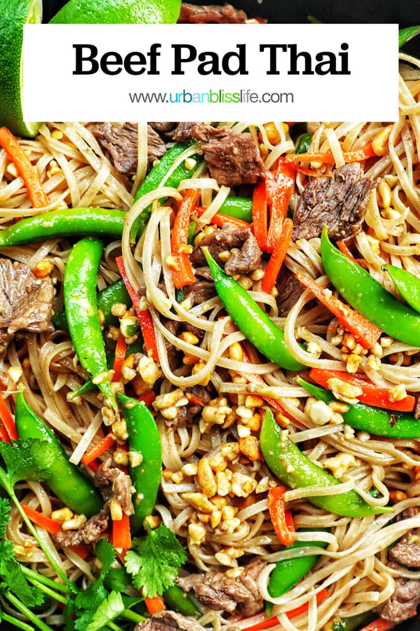beef pad thai noodles with vegetables and title text overlay.
