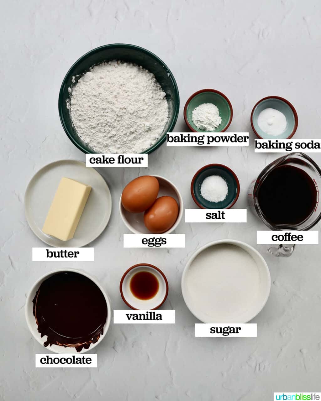 ingredients to make chocolate coffee cake.