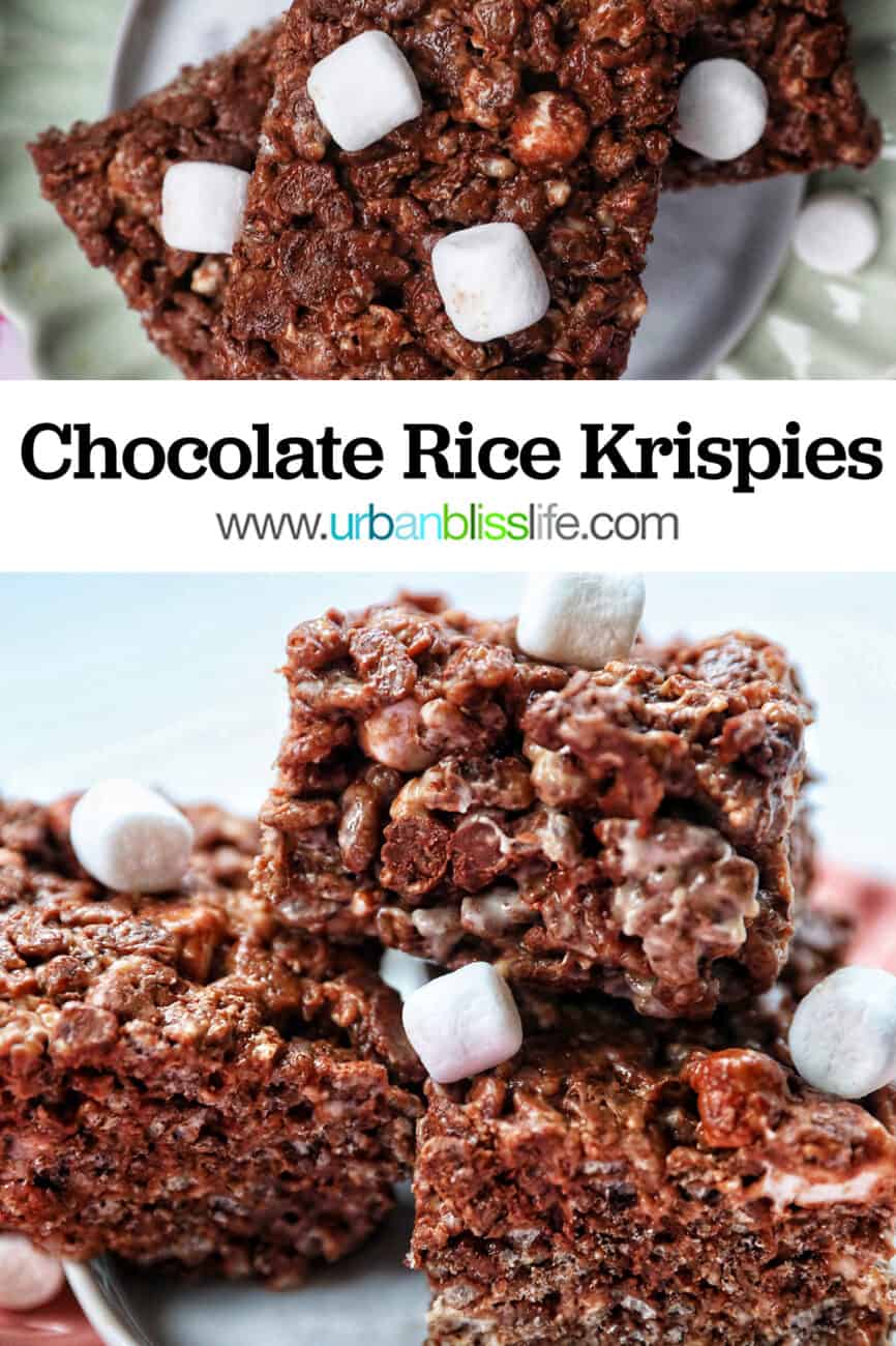 chocolate rice krispies treats stacked with text overlay